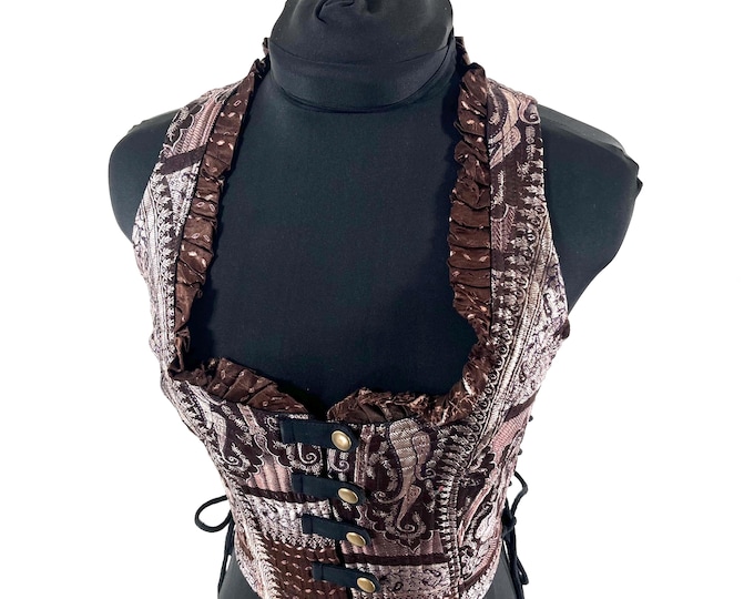 S. Mia Waistcoat; Boho Top - Brown & Silver - Vintage Silk Brocade  (SKU:2141-9657)