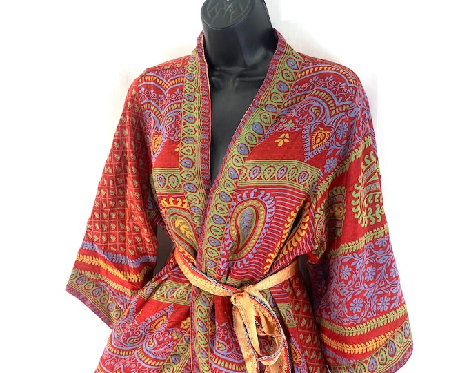 S/M. Luxury Reversible Silk Robe Dressing Gown with deep inseam side pockets. A Duster, the perfect gift.