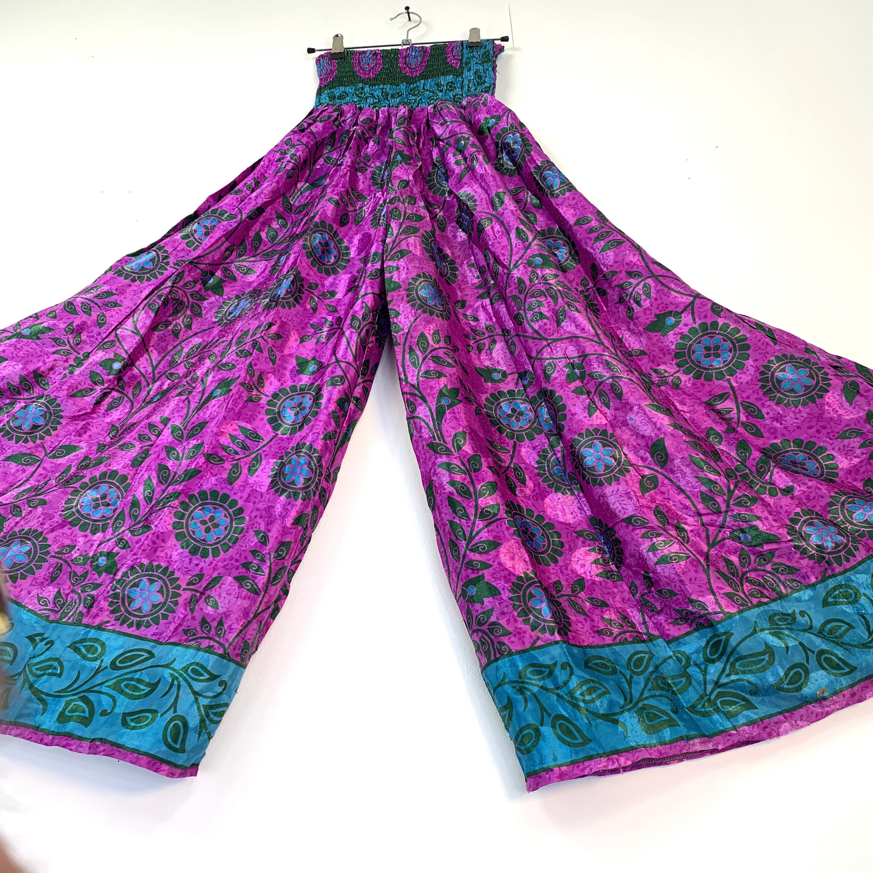 Image of Culottes, Silk, Adult One Size, Purple & Turquoise, Palazzo Pants, Wide Leg, Flow Pants, Elasticated Waist, Elephant Pants