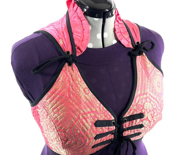6XL. Fae Corset Top - Pink & Gold Bra Top - Vintage Silk Brocade  (SKU:3039-9803)