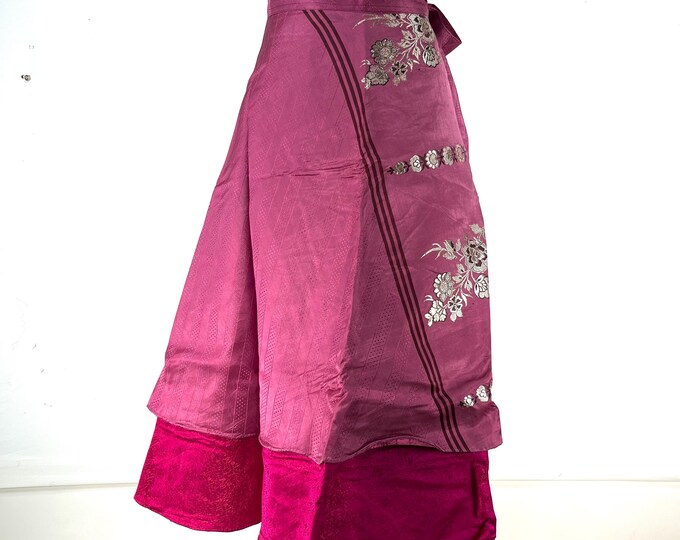 Pemberin Midi Wrap Skirt in Upcycled Heavy Vintage Silk Brocade Sari. (Two Layer A-Line Wrap Skirt)  SKU:2034-8441
