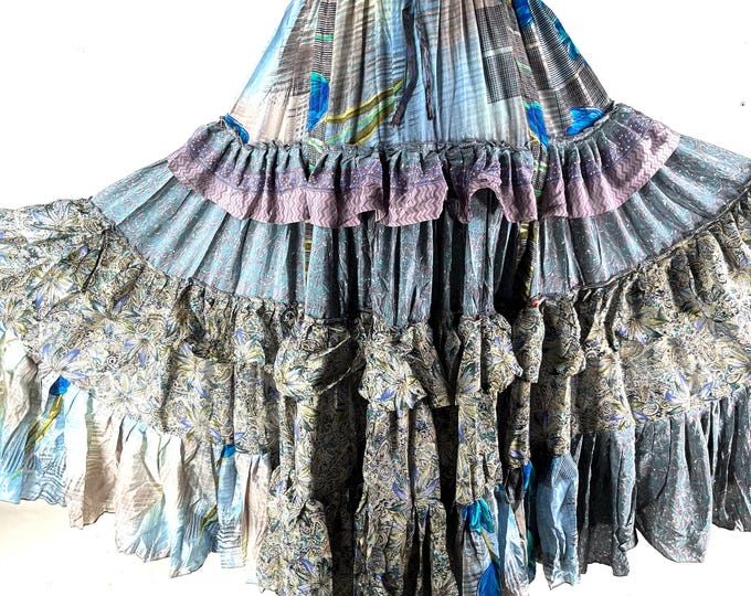 Jazmyn 25 Yard Skirt handmade in Vintage Summer Silk, Maxi One Size; (28"-42" Waist) Peasant Bellydance Flamenco SKU:738-8964