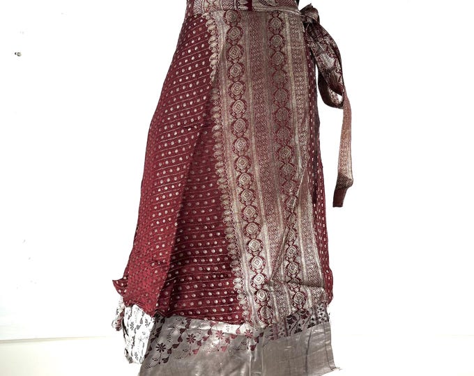 Pemberin Midi Wrap Skirt in Upcycled Heavy Vintage Silk Brocade Sari. (Two Layer A-Line Wrap Skirt)  SKU:2034-8433