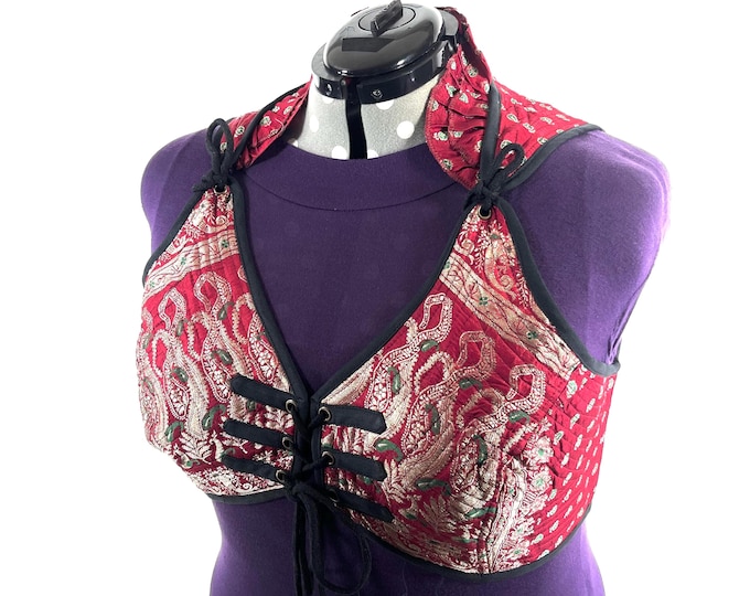 7XL Fae Corset Top - Red & Silver Bra Top - Vintage Silk Brocade  (SKU:3039B-9835)