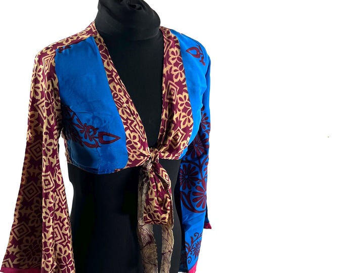 Joy Bell Sleeve Crop Top, Sari Summer Wrap, Handmade Silky, Light Hippy Style UK-S/M  (SKU:570-10311)