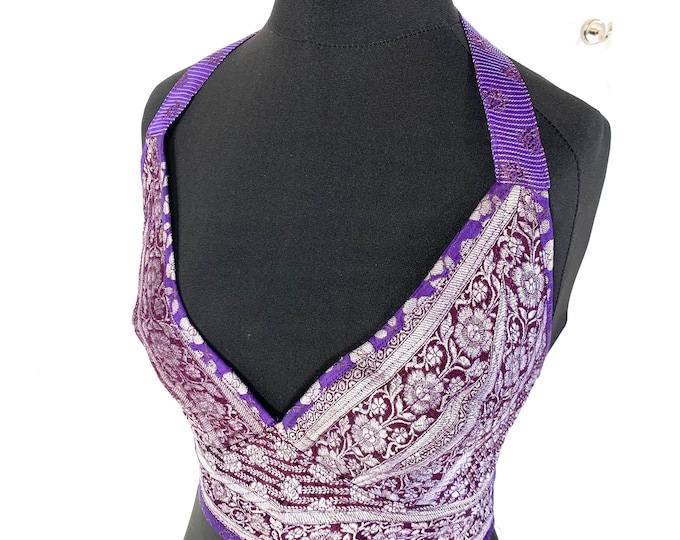 S/M. Phoenix Tribal Top, Silk Satin Brocade,  Purple & Pink SKU:1020-5035