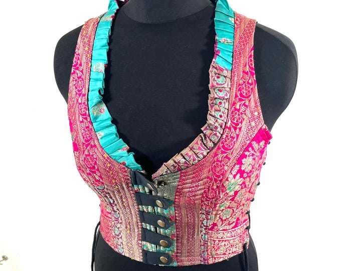 M. Mia Waistcoat; Boho Top - Pink & Aqua - Vintage Silk Brocade  (SKU:2142-9665)