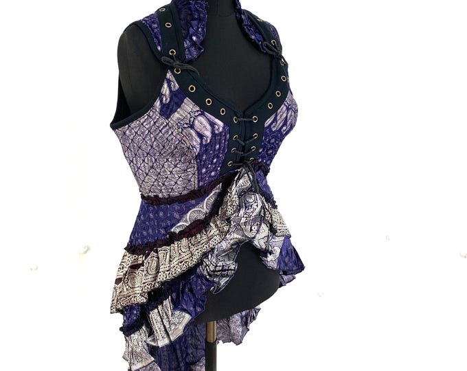 Sophia Corset Dress. Silver & Blue Silk Brocade (UK-2XL SKU:2000-1393)