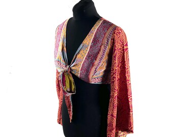 M/L Joy Bell Sleeve Crop Top, Sari Summer Wrap, Handmade Silky, Light Hippy Style (SKU:571-10299)