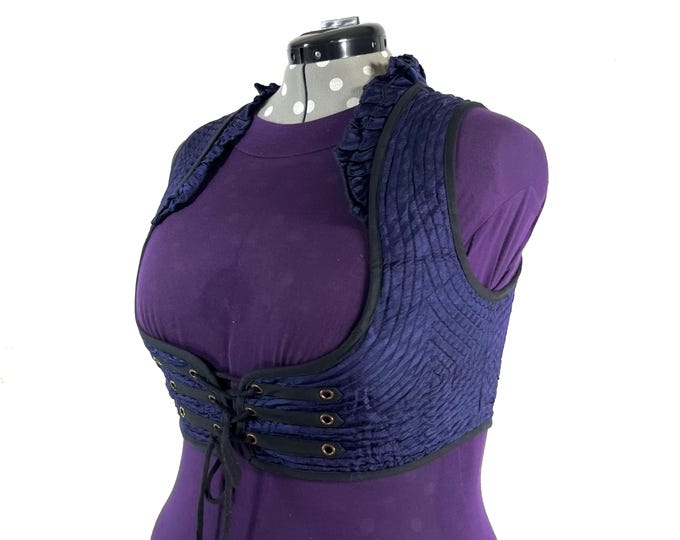 Underbust Corset Top; Ivy 4XL blue & black steampunk vest handmade in Vintage Silk Brocade (SKU:2177-10166)