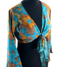 L/XL Joy Bell Sleeve Crop Top, Sari Summer Wrap, Handmade Silky, Light Hippy Style (SKU:572-10338)