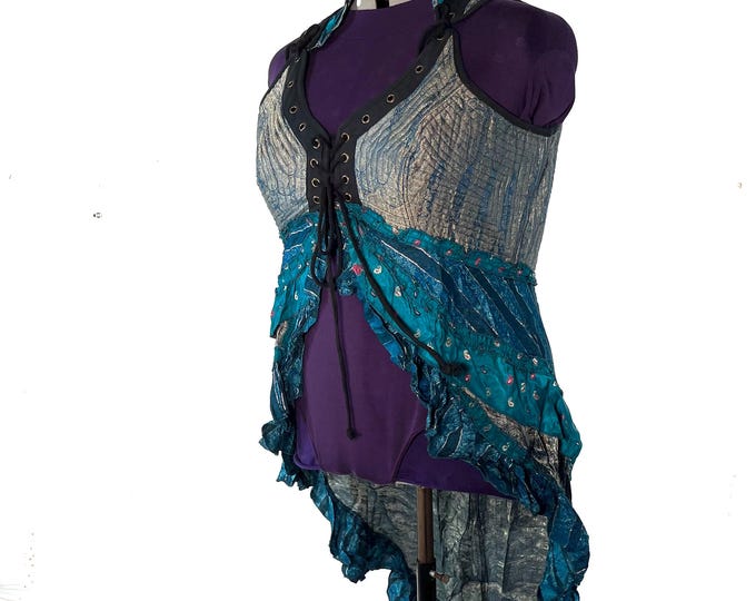 5XL. Sophia Corset Dress with Hi-Low tiered skirt in Silk brocade. Handmade Renaissance Festival Steampunk Unique SKU:2000-8488