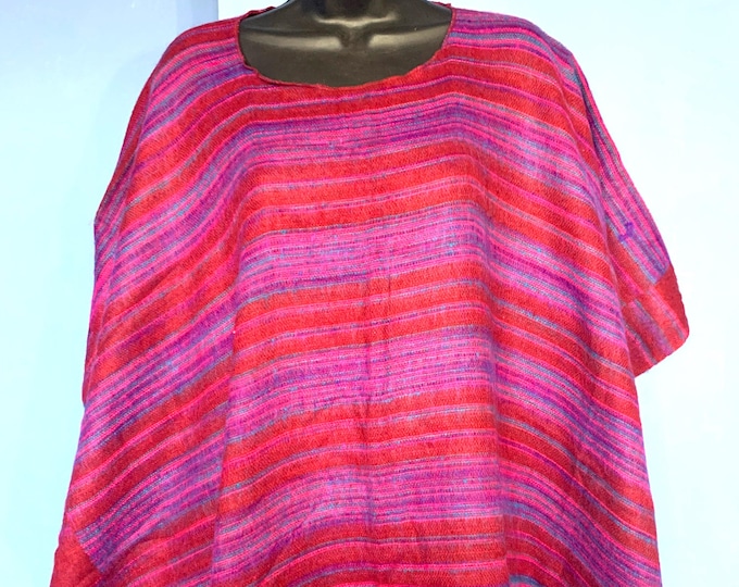 Warm Traditional Handmade Blanket Poncho in Pinks Blues & Reds with a Red fringe