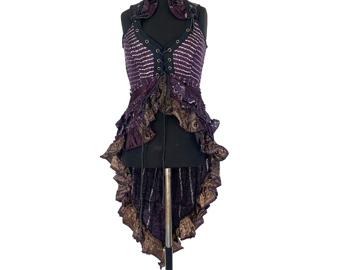 M. Sophia Steampunk Corset Dress with Hi-Low tiered skirt in Silk brocade,
