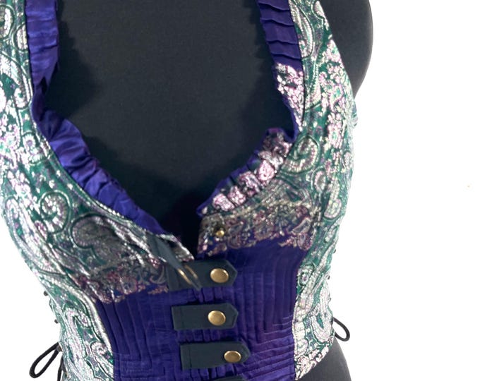 M. Mia Waistcoat; Boho Top - Green Blue & Silver - Vintage Silk Brocade  (SKU:2142-9674)