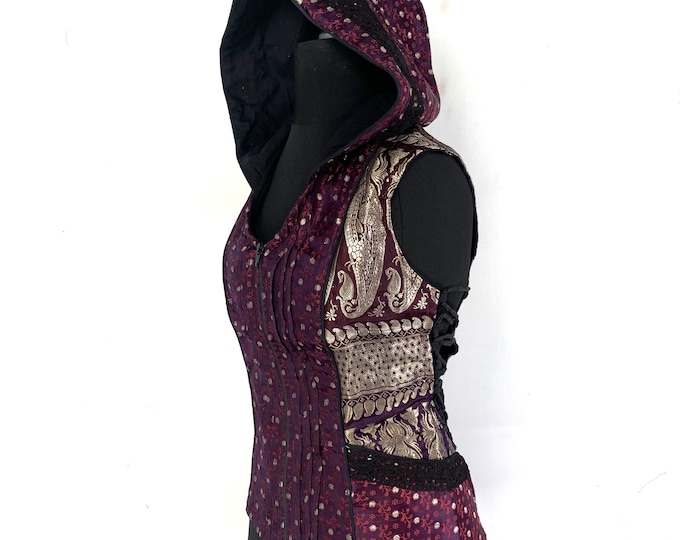 S/M. Pixie Hooded Jacket, Silk brocade. Pagan, Celtic, Gothic, Elven, Festival, LARP, R.E.N., Cosplay SKU:1050-5171