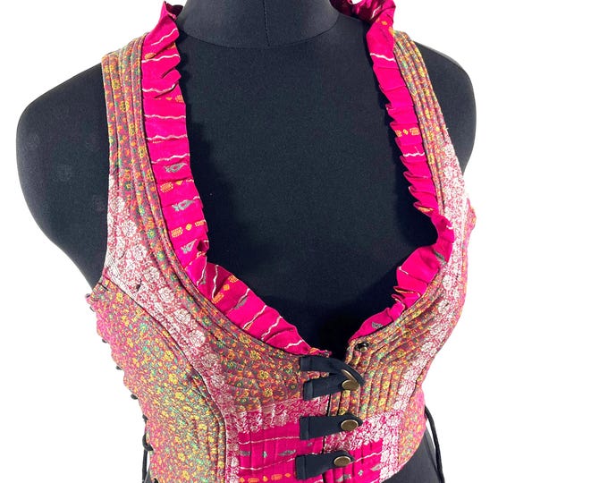 L. Mia Waistcoat; Boho Top - Pink & Green - Vintage Silk Brocade  (SKU:2143-9685)