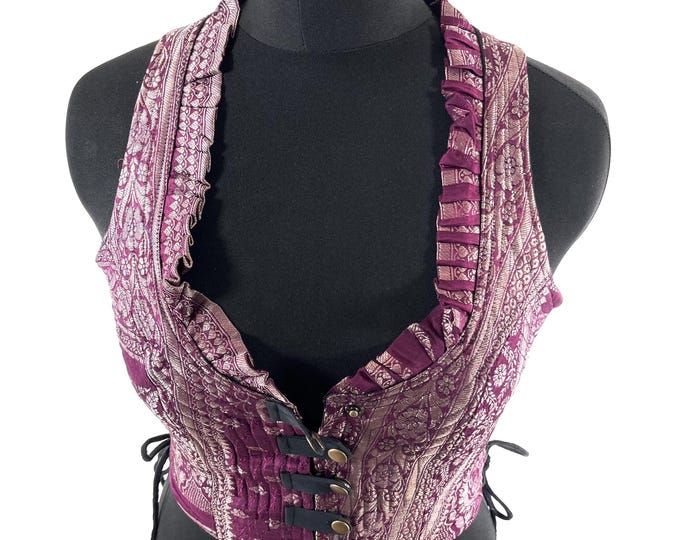 L. Mia Waistcoat; Boho Top - Dark Pink & Silver - Vintage Silk Brocade  (SKU:2143-9688)