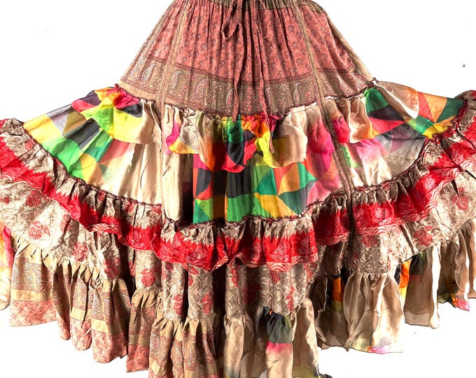 Jazmyn 25 Yard Skirt handmade in Vintage Summer Silk, Maxi One Size; (28"-42" Waist) Peasant Bellydance Flamenco SKU:738-8959