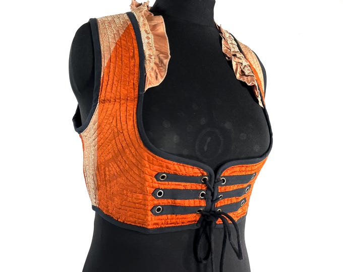 Underbust Corset Top; Ivy 2XL orange & gold steampunk vest handmade in Vintage Silk Brocade (SKU:2175-10142)