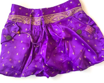 M/L.  Goddess Pocket Shorts, Hot Pants, Yoga, Mini, Rave, Party, Dance, Boho, Emerald Purple & Gold Shorts