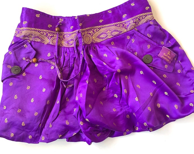 M/L.  Goddess Pocket Shorts, Hot Pants, Yoga, Mini, Rave, Party, Dance, Boho, Emerald Purple & Gold Shorts