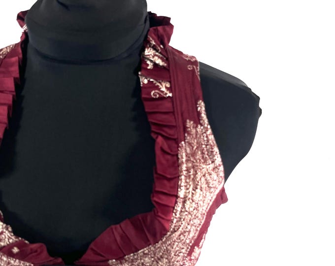 S. Mia Waistcoat; Boho Top - Red & Silver - Vintage Silk Brocade  (SKU:2141-9660)