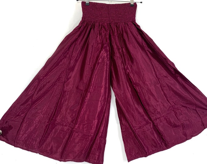 Culottes; Wine in Summer Silk in 3 Sizes. Wide Leg Palazzo Pants with Elasticated Waist great for a fuller figure.