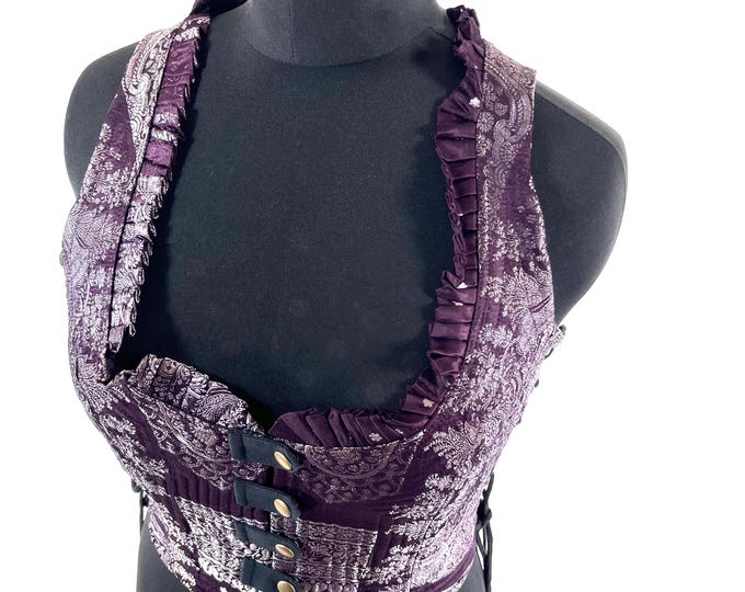 2XL. Mia Waistcoat; Boho Top - Purple & Silver - Vintage Silk Brocade  (SKU:2145-9706)