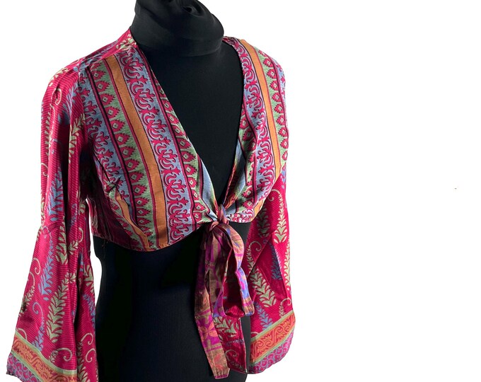 Joy Bell Sleeve Crop Top, Sari Summer Wrap, Handmade Silky, Light Hippy Style UK-S/M  (SKU:570-10317)