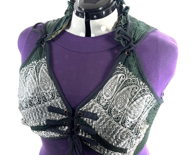 7XL Fae Corset Top - Green & Silver Bra Top - Vintage Silk Brocade  (SKU:3039B-9838)