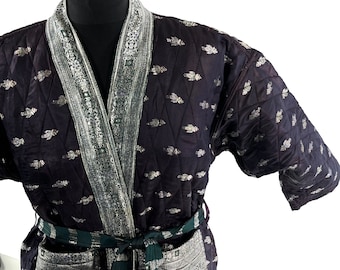 Quilted Silk Kimono Jacket XL; Vintage Brocade Robe, Generous Loose Fit, Japanese Style, Handmade.  SKU:758-7029