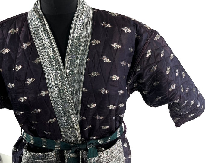 Quilted Silk Kimono Jacket XL; Vintage Brocade Robe, Generous Loose Fit, Japanese Style, Handmade.  SKU:758-7029