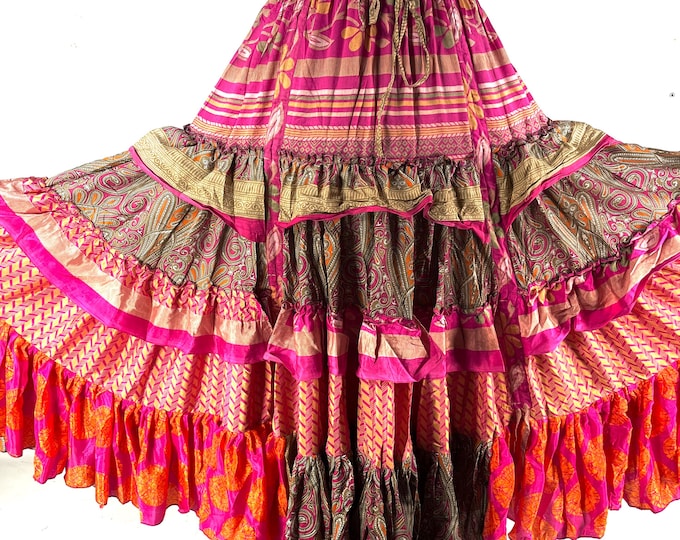 Jazmyn 25 Yard Skirt handmade in Vintage Summer Silk, Maxi One Size; (28"-42" Waist) Peasant Bellydance Flamenco SKU:738-8963