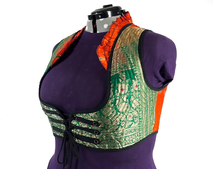 Underbust Corset Top; Ivy 5XL green & orange steampunk vest handmade in Vintage Silk Brocade (SKU:2178-10175)