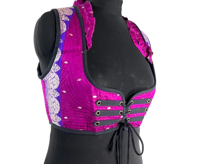 Underbust Corset Top; Ivy 2XL Pink & Purple steampunk vest handmade in Vintage Silk Brocade (SKU:2175-10140)