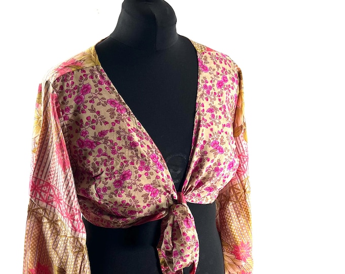 Joy Bell Sleeve Crop Top, Sari Summer Wrap, Handmade Silky, Light Hippy Style UK-L/XL (SKU:572-10321)
