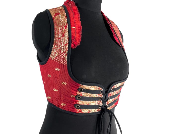 Underbust Corset Top; Ivy XL Red & Gold steampunk vest handmade in Vintage Silk Brocade (SKU:2174-10137)