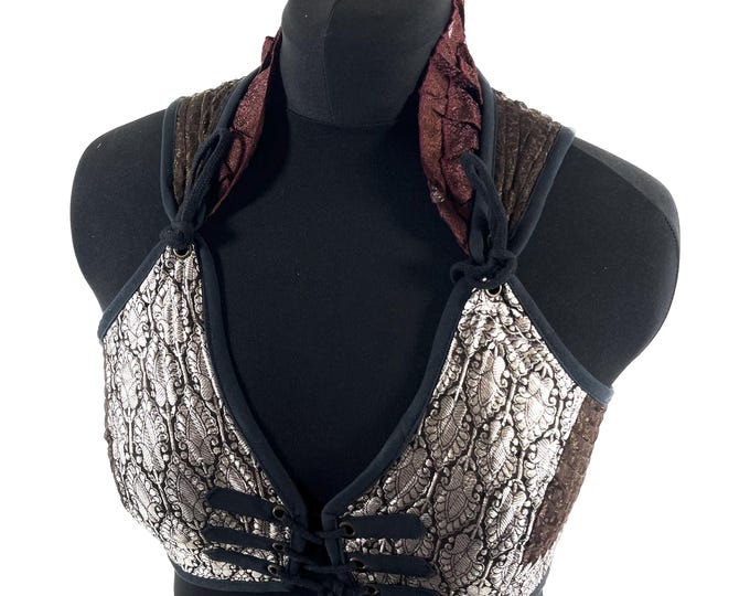 2XL. Fae Corset Top - Brown & Silver Bra Top - Vintage Silk Brocade  (SKU:3035-9786)