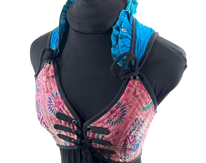 S. Fae Corset Top - Blue & Pink Bra Top - Vintage Silk Brocade  (SKU:3031-9754)