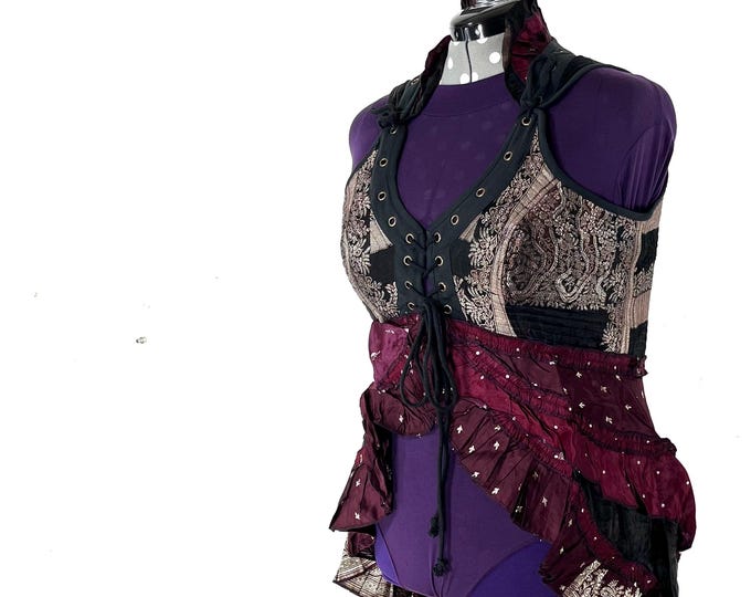 4XL. Sophia Corset Dress with Hi-Low tiered skirt in Silk brocade. Handmade Renaissance Festival Steampunk SKU:2000-8582
