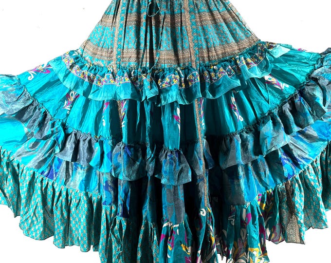 Jazmyn XL 25 Yard Skirt handmade in Vintage Summer Silk, Maxi Plus Size; (30"-60" Waist) a Boho Cottagecore skirt  SKU:737-9112