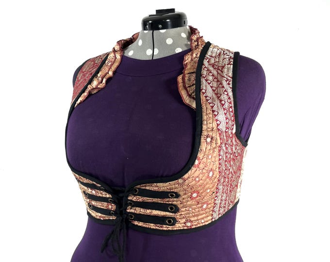Underbust Corset Top; Ivy 4XL gold & red steampunk vest handmade in Vintage Silk Brocade (SKU:2177-10165)