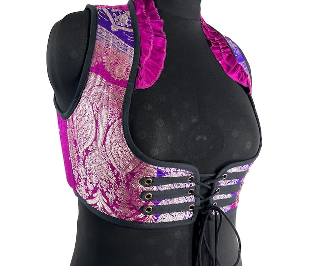 Underbust Corset Top; Ivy 3XL pink purple & silver steampunk vest handmade in Vintage Silk Brocade (SKU:2176-10155)