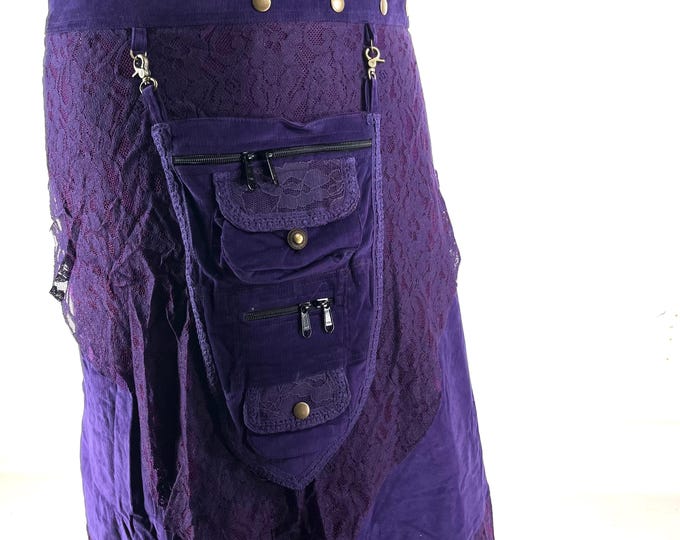 Royal Purple Steampunk Corduroy Long Wrap Skirt with lace and a detachable Purse.