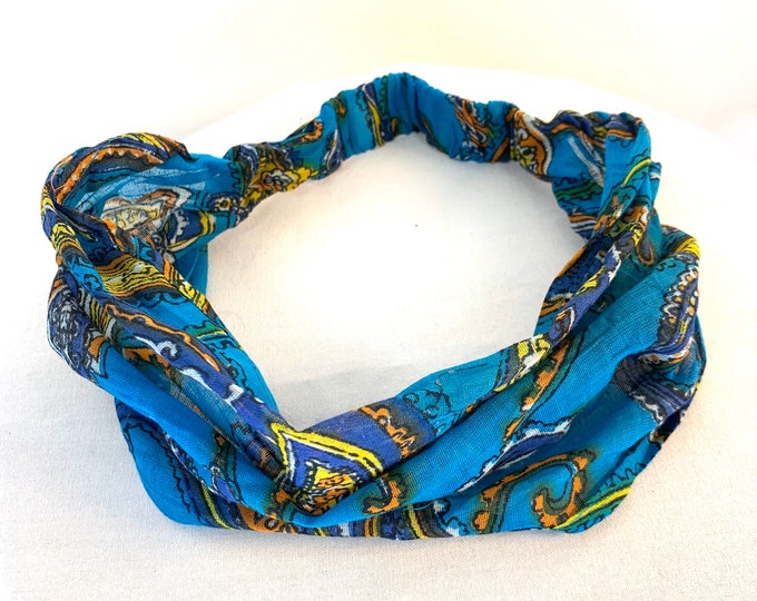 Childrens Blue Cotton Washable Headband Face Mask. bandana, scrunchies. FIT Head circumference 17” to 22”