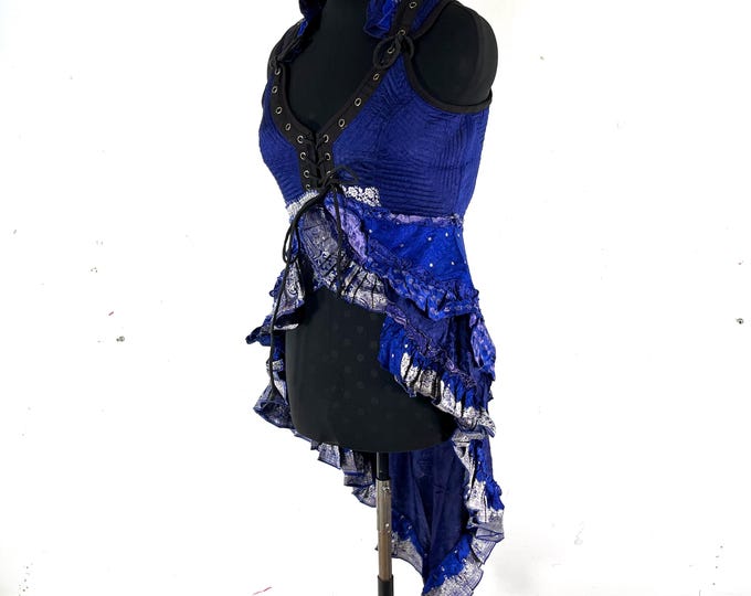2XL. Sophia Corset Dress with Hi-Low tiered skirt handmade in Vintage Silk Brocade. Steampunk Ren Faire  SKU:2000-8764
