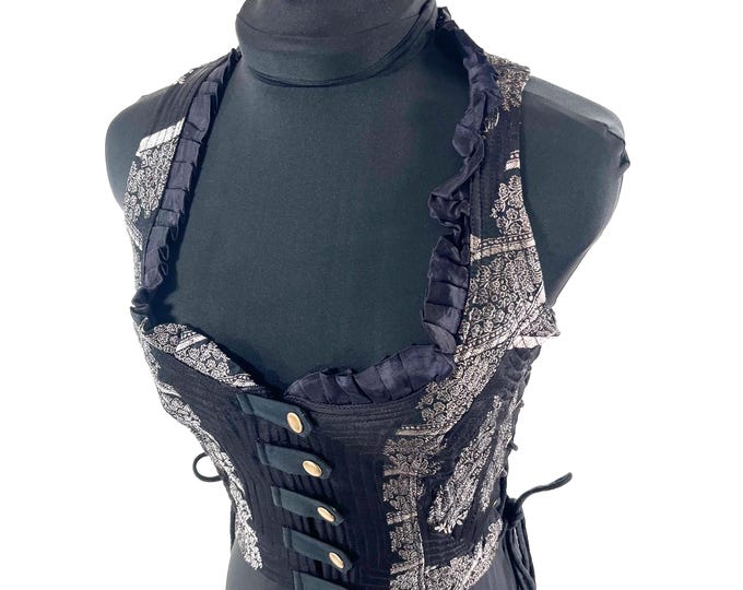 S. Mia Waistcoat; Boho Top - Black & Silver - Vintage Silk Brocade  (SKU:2141-9663)