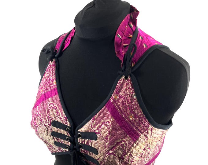 3XL. Fae Corset Top - Pink & Silver Bra Top - Vintage Silk Brocade  (SKU:3036-9790)