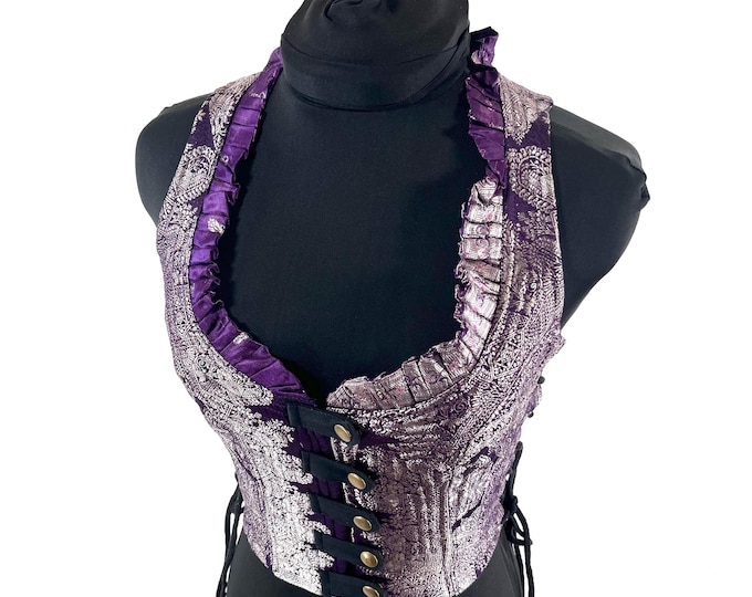 S. Mia Waistcoat; Boho Top - Purple & Silver - Vintage Silk Brocade  (SKU:2141-9655)